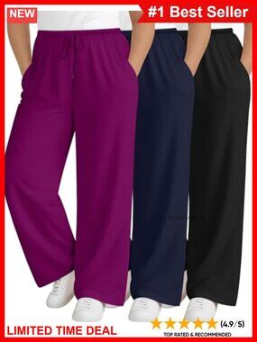 Plus Size Wide Leg Lounge Pants Drawstring Pockets 3 Pack